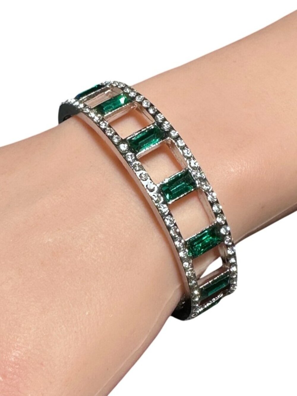 Art Deco Style Bangle Bracelet Emerald Cut Rhinestones Clear Pave Silver Toned